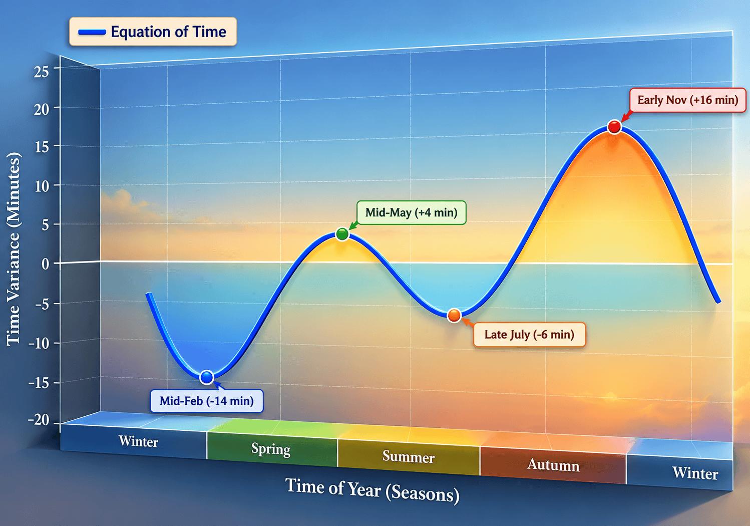 Equation of Time graph showing the annual variation between apparent solar time and mean solar time across the seasons